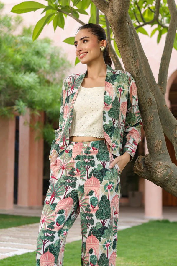 Women Botanical Printed 3-Piece Co-Ord Set | Crop Top, Jacket & Pant Set