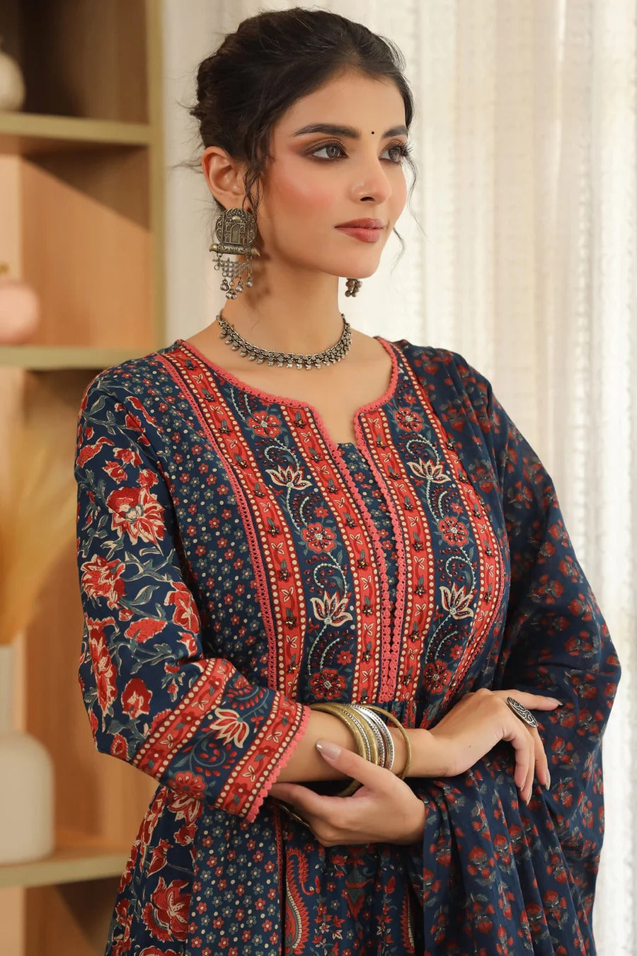 Women Navy Blue Printed Anarkali Kurta Set with Dupatta | Elegant Ethnic Wear