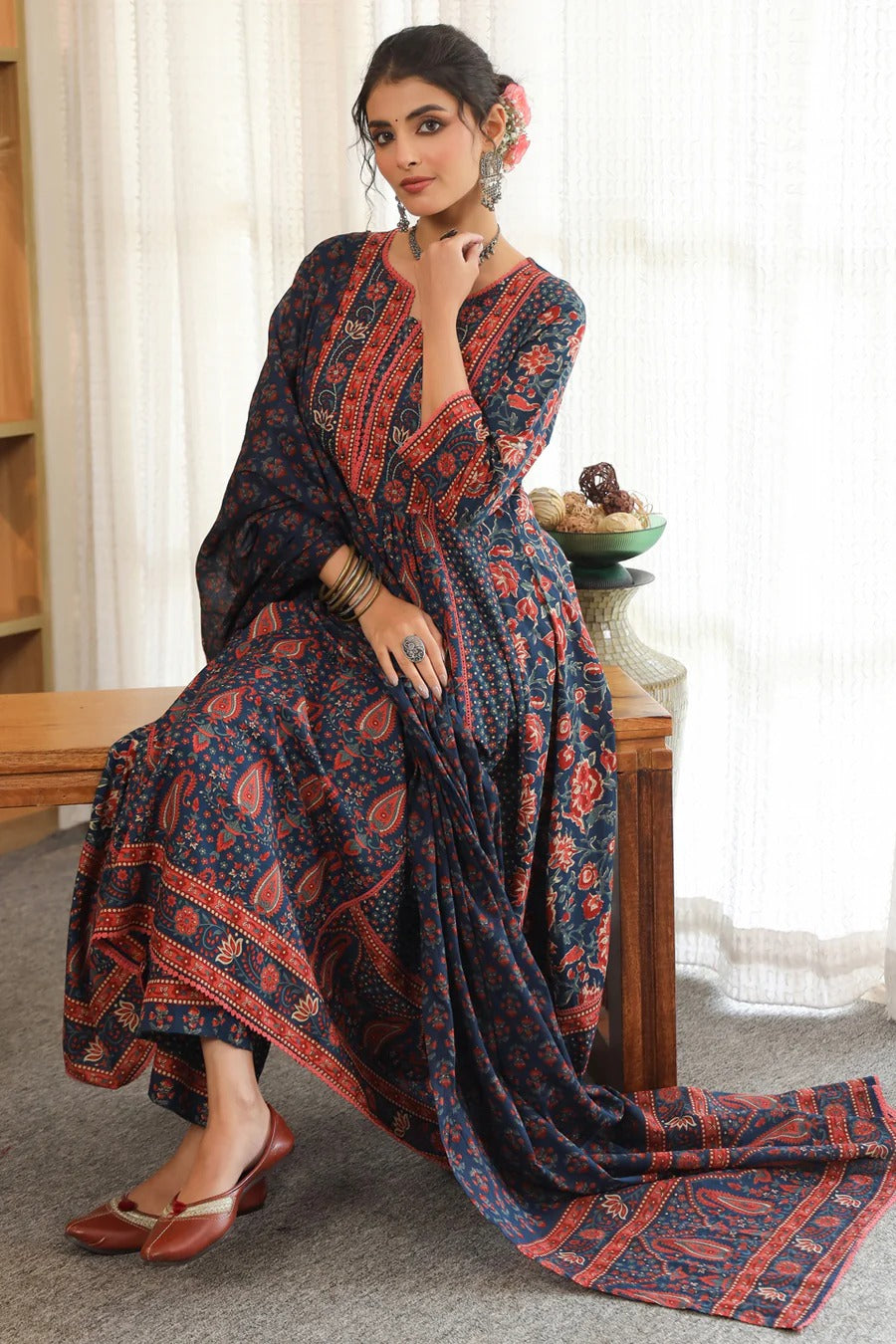 Women Navy Blue Printed Anarkali Kurta Set with Dupatta | Elegant Ethnic Wear