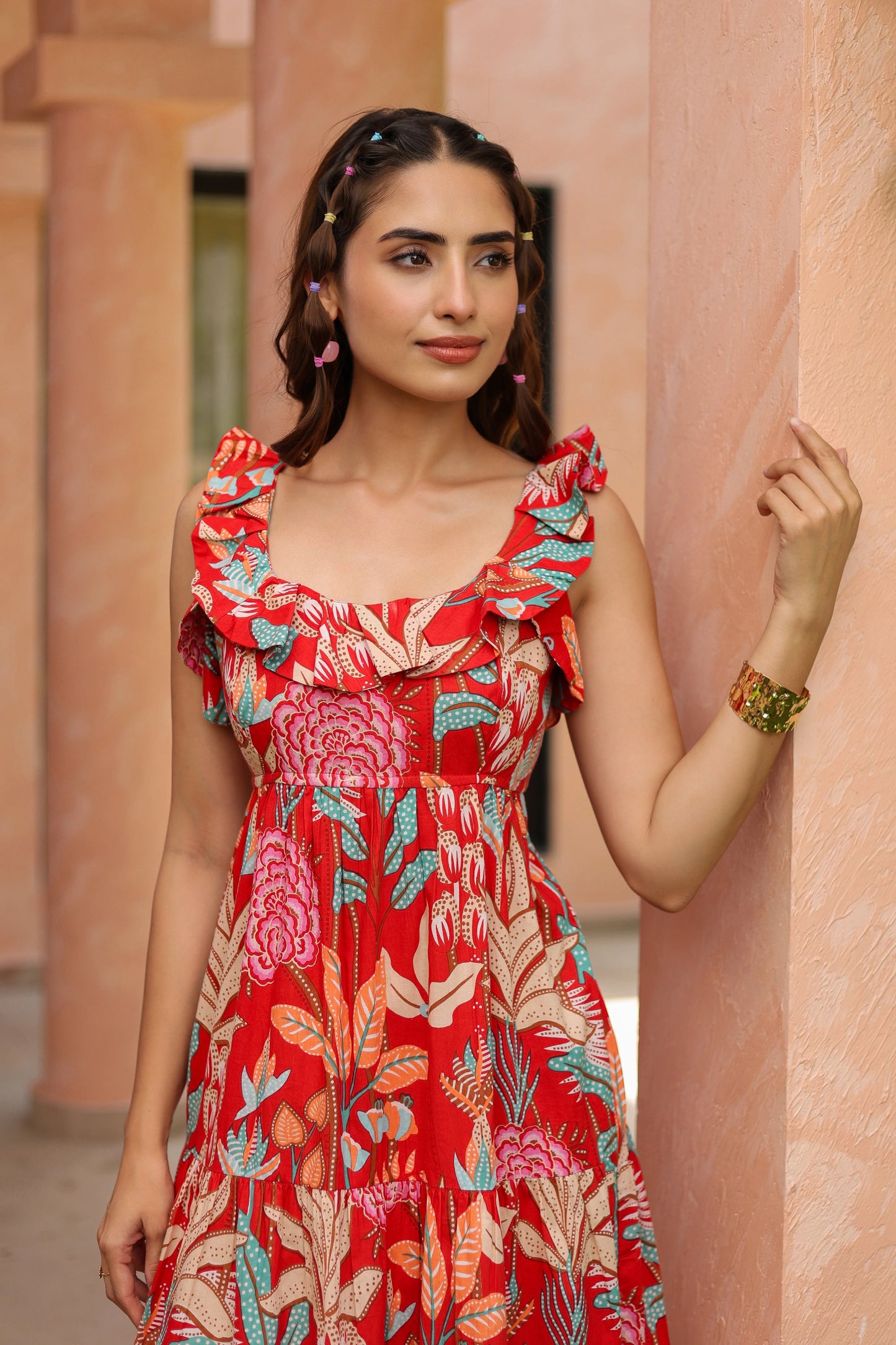 Women Red Floral Printed Tiered Midi Dress | Summer Boho Cotton Dress