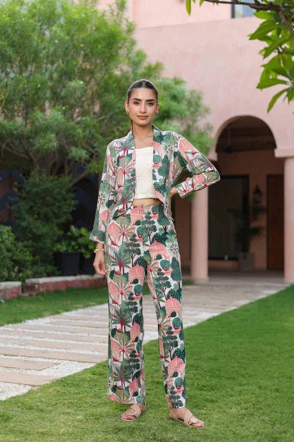 Women Botanical Printed 3-Piece Co-Ord Set | Crop Top, Jacket & Pant Set