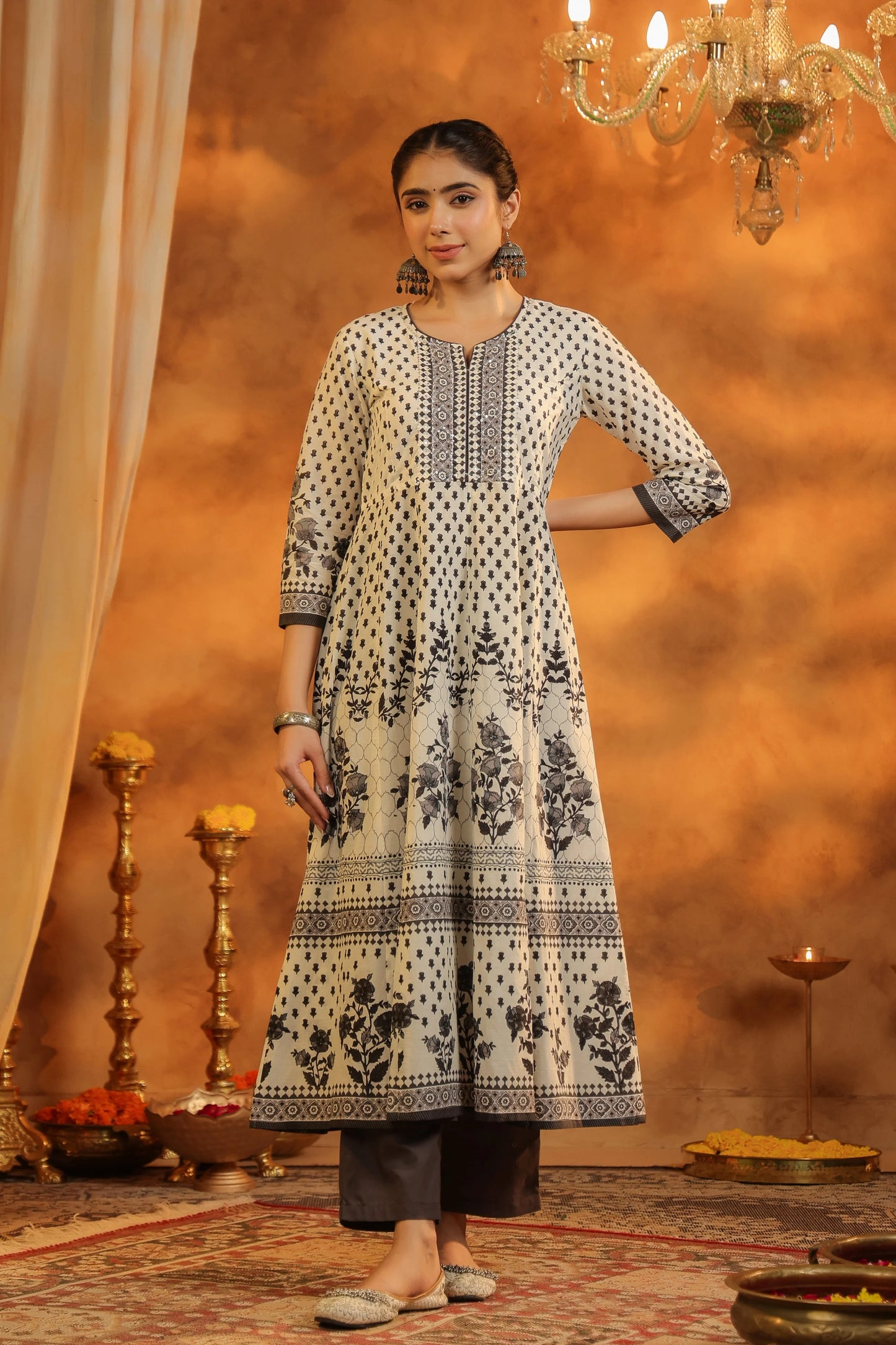 Women Cream & Black Printed Anarkali Kurta Set with Dupatta | Elegant Ethnic Wear