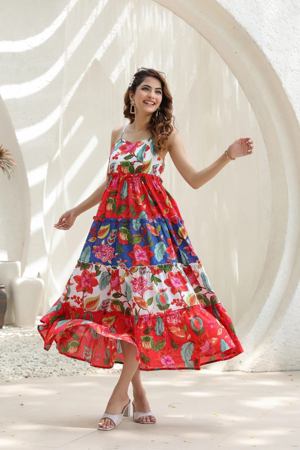 Women Multicolor Floral Printed Tiered Maxi Dress | Summer Vacation Boho Dress