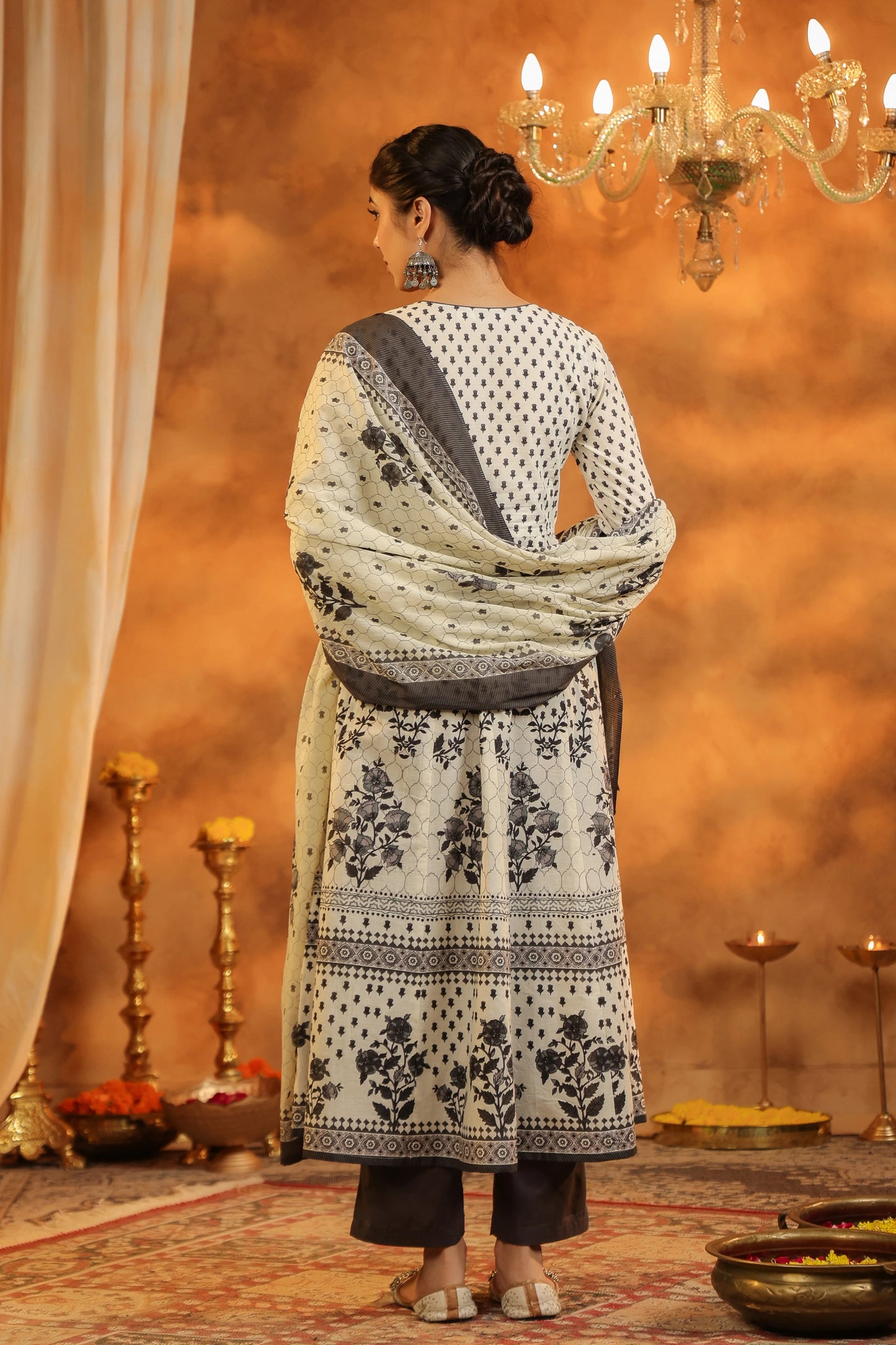 Women Cream & Black Printed Anarkali Kurta Set with Dupatta | Elegant Ethnic Wear
