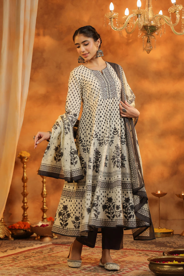 Women Cream & Black Printed Anarkali Kurta Set with Dupatta | Elegant Ethnic Wear