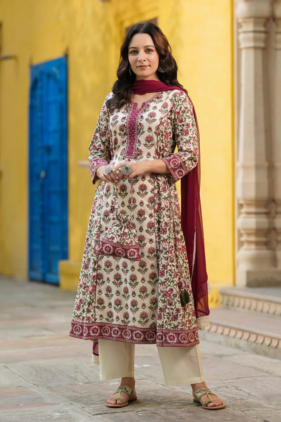Women Cream Floral Printed Anarkali Kurta Set with Maroon Dupatta | Traditional Ethnic Wear