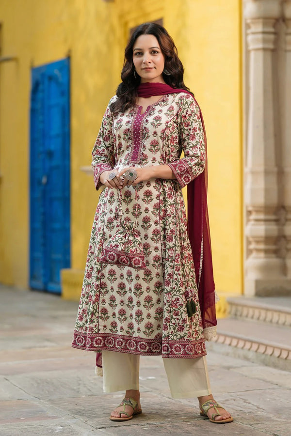 Women Cream Floral Printed Anarkali Kurta Set with Maroon Dupatta | Traditional Ethnic Wear