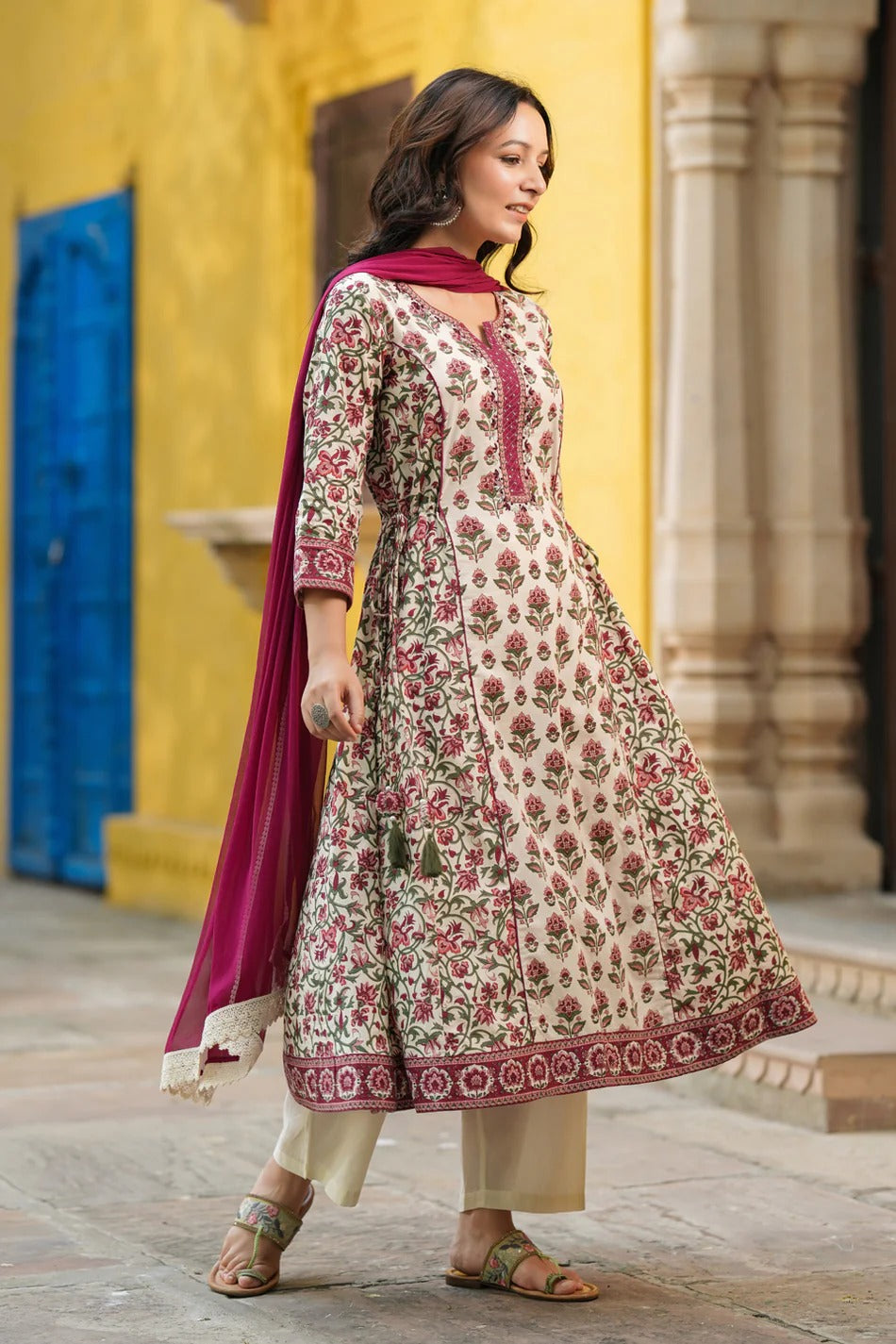 Women Cream Floral Printed Anarkali Kurta Set with Maroon Dupatta | Traditional Ethnic Wear