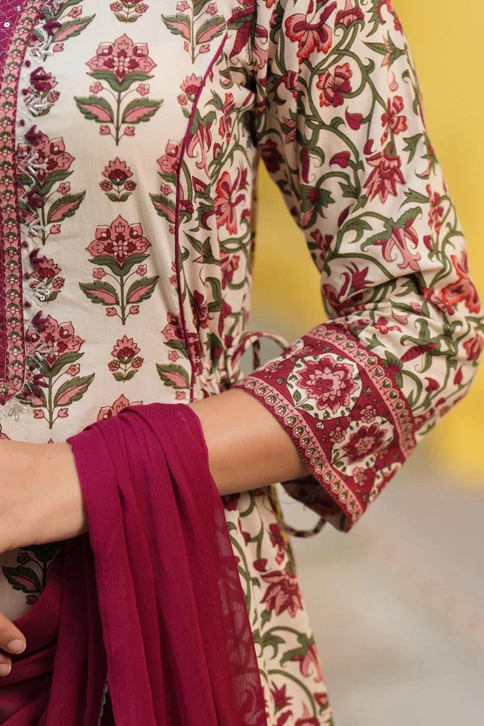 Women Cream Floral Printed Anarkali Kurta Set with Maroon Dupatta | Traditional Ethnic Wear