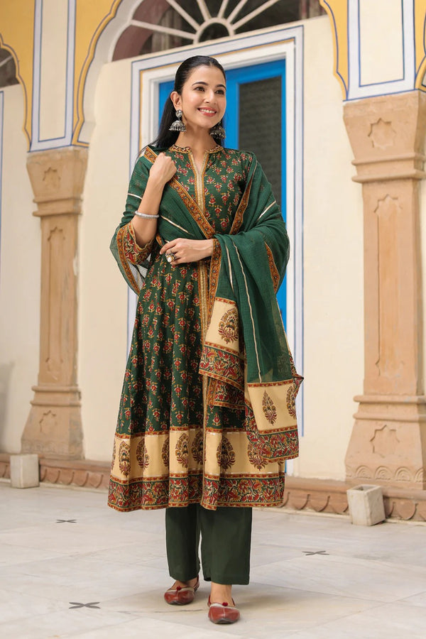 Women Green Floral Printed Anarkali Kurta Set with Dupatta | Festive Ethnic Wear