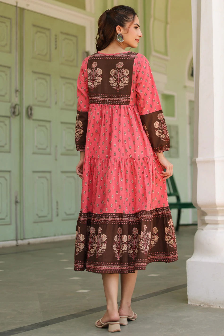 Women Coral Pink Printed Tiered Kurta Dress with Tassel Tie-Up | Ethnic Cotton Wear
