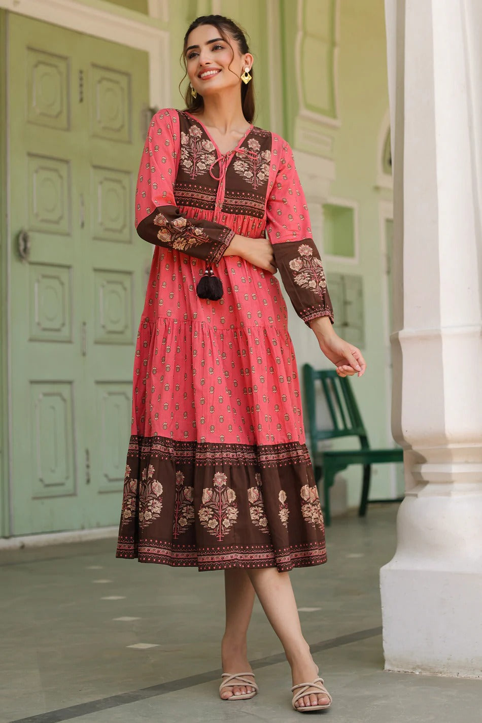 Women Coral Pink Printed Tiered Kurta Dress with Tassel Tie-Up | Ethnic Cotton Wear