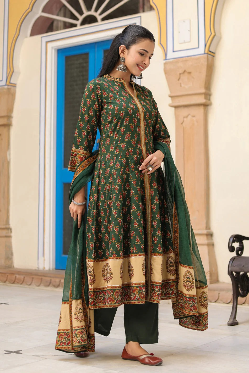 Women Green Floral Printed Anarkali Kurta Set with Dupatta | Festive Ethnic Wear