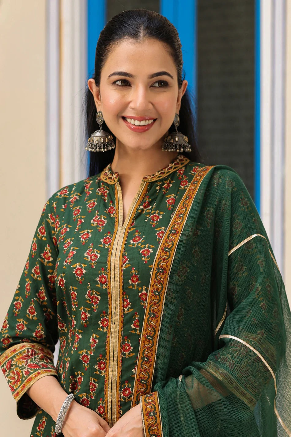 Women Green Floral Printed Anarkali Kurta Set with Dupatta | Festive Ethnic Wear