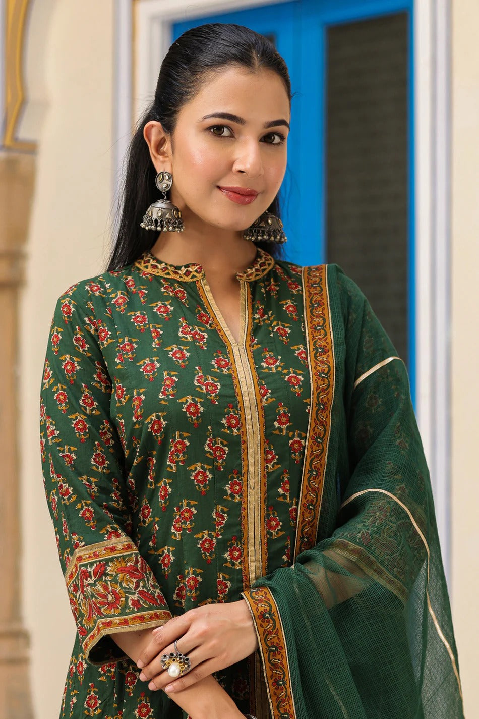 Women Green Floral Printed Anarkali Kurta Set with Dupatta | Festive Ethnic Wear