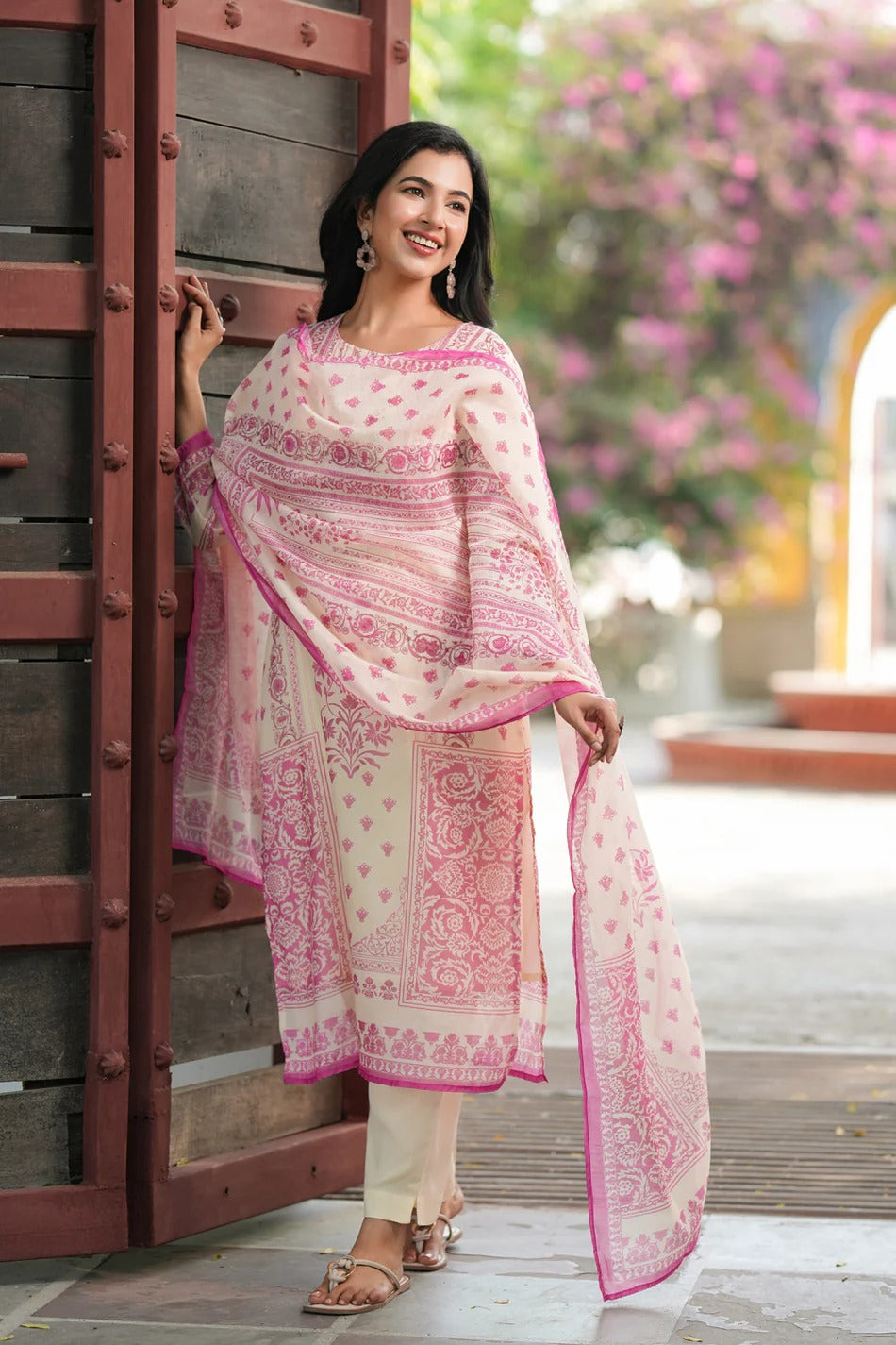 Women Cream & Pink Printed Kurta Set with Dupatta | Elegant Ethnic Wear