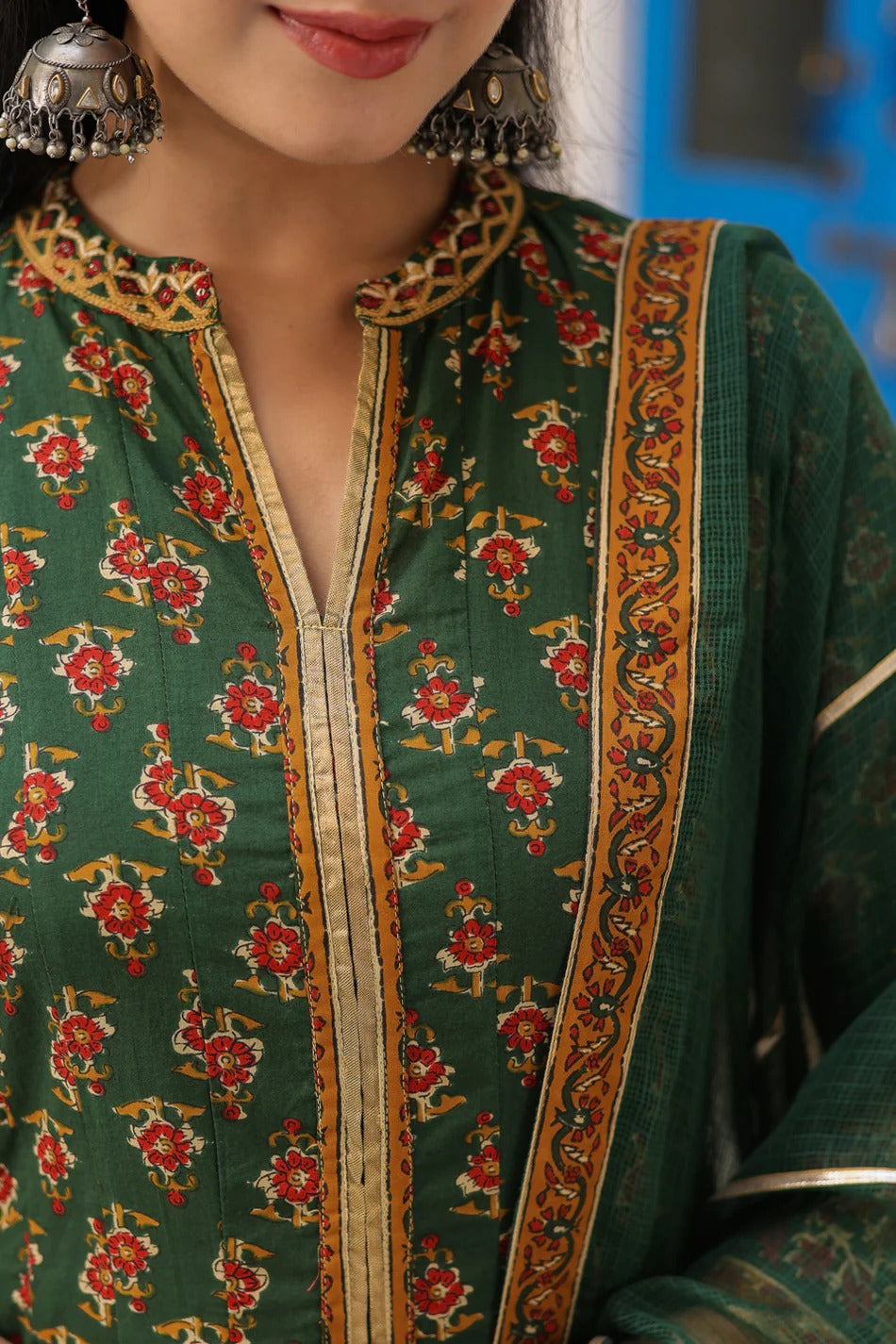 Women Green Floral Printed Anarkali Kurta Set with Dupatta | Festive Ethnic Wear