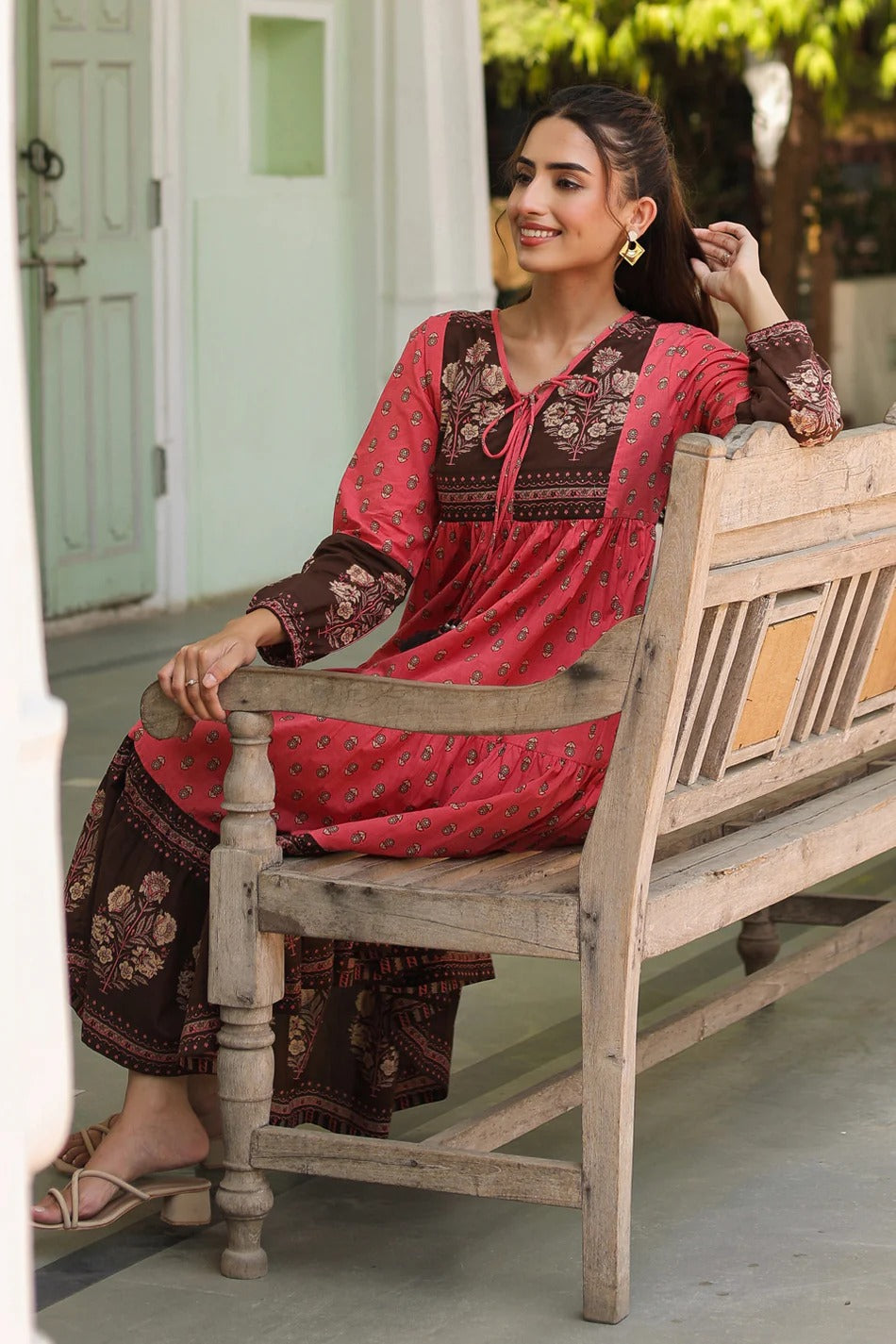 Women Coral Pink Printed Tiered Kurta Dress with Tassel Tie-Up | Ethnic Cotton Wear