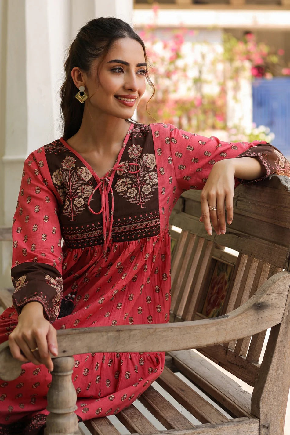 Women Coral Pink Printed Tiered Kurta Dress with Tassel Tie-Up | Ethnic Cotton Wear